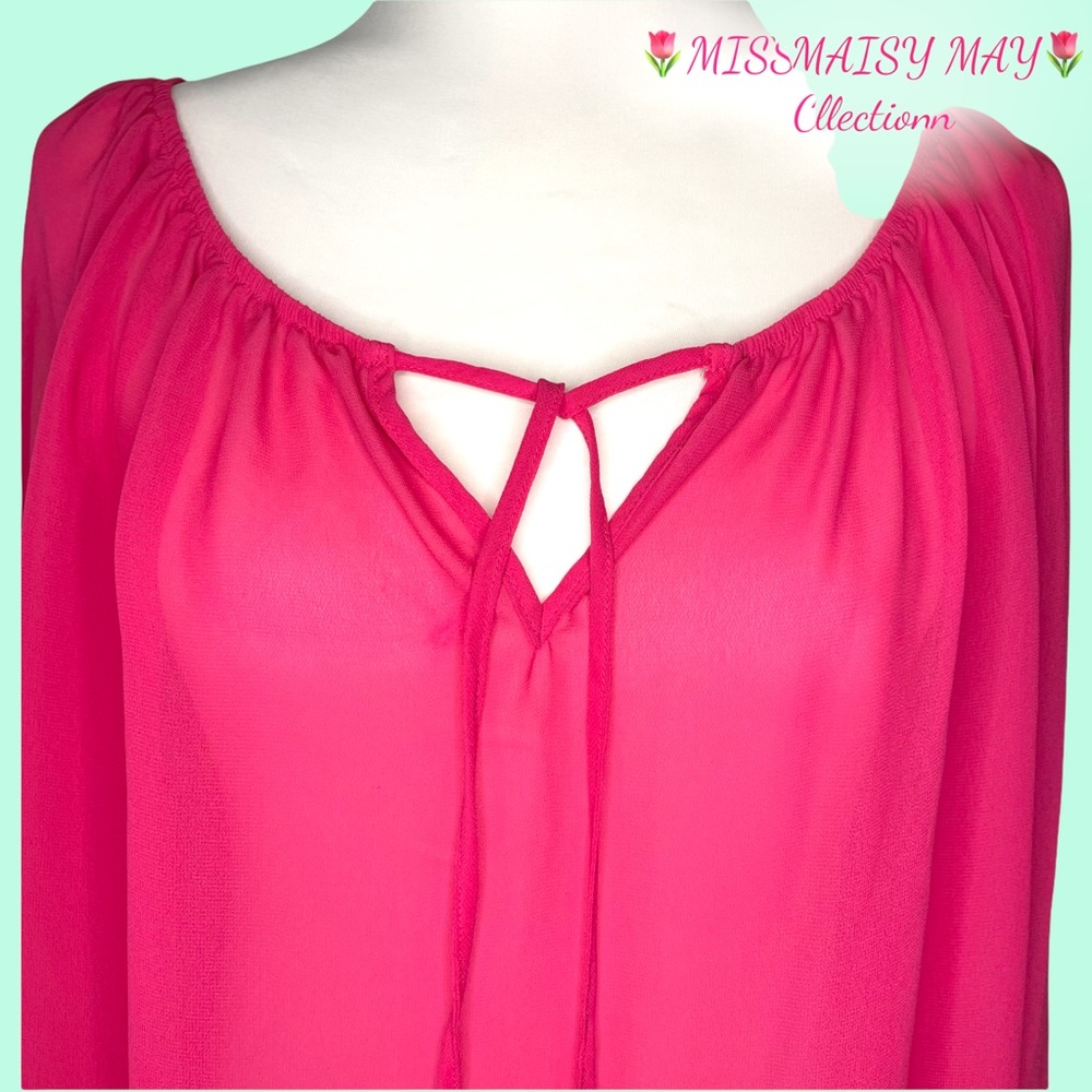 💐Sheer delight💐in bright pink, Sz L, split sleeves, V neck ties & cuff ties